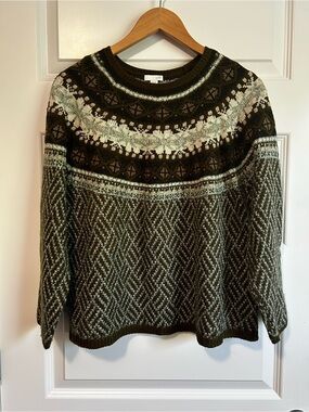 J. Jill Olive Green Fair Isle Wool Blend Sweater with Cream & Light Blue